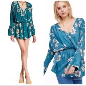 Free People Teal Floral Tuscan Dreams tunic mini dress / tunic top long sleeve M